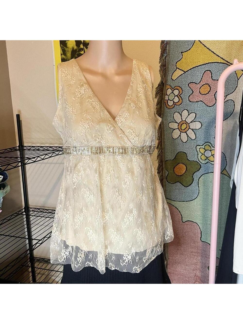 White Lace Fairycore Beaded Tank Top
